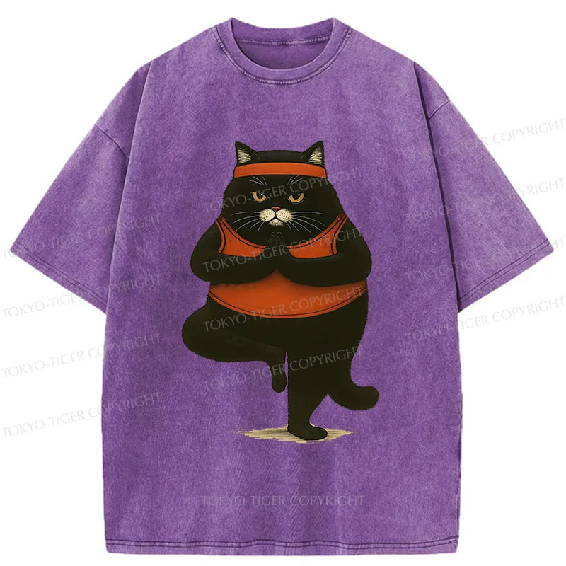 Tokyo-Tiger Black Cat Doing Yoga Washed T-Shirt