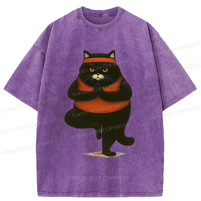 Tokyo-Tiger Black Cat Doing Yoga Washed T-Shirt
