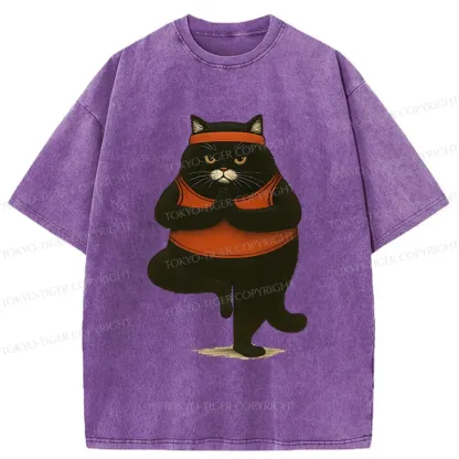 Tokyo-Tiger Black Cat Doing Yoga Washed T-Shirt