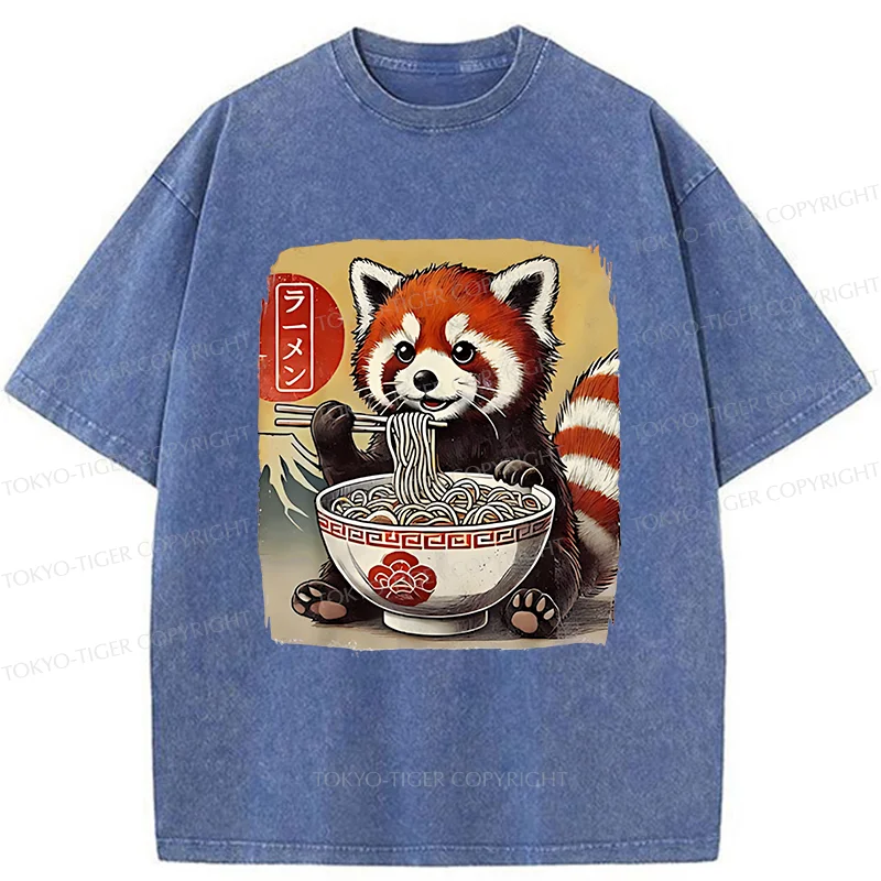 Tokyo-Tiger Cute Raccoon Eating Ramen Washed T-Shirt