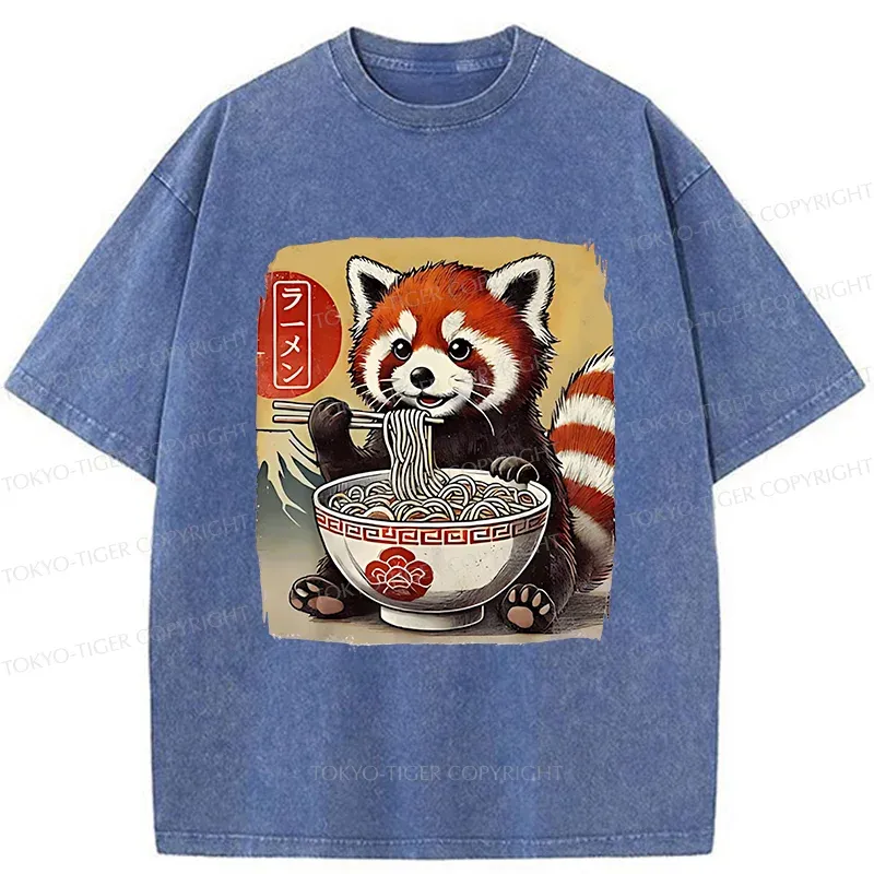 Tokyo-Tiger Cute Raccoon Eating Ramen Washed T-Shirt