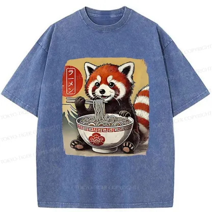 Tokyo-Tiger Cute Raccoon Eating Ramen Washed T-Shirt