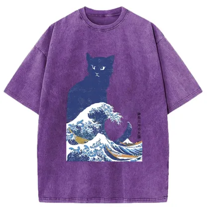 Tokyo-Tiger The Great Wave Off Cat Washed T-Shirt