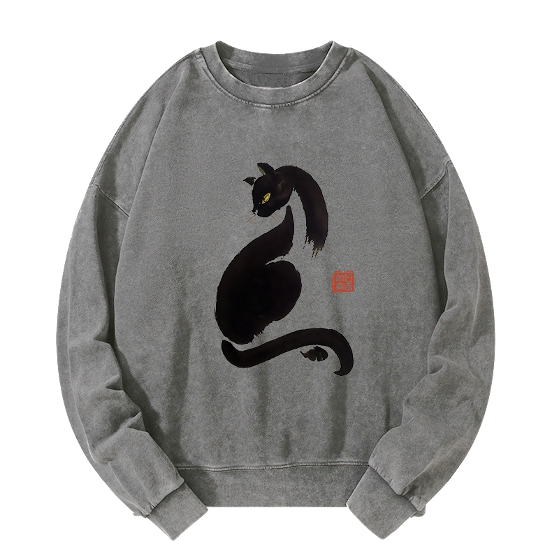 Tokyo-Tiger Elegant Black Cat Japan Washed Sweatshirt