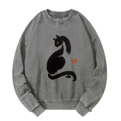 Tokyo-Tiger Elegant Black Cat Japan Washed Sweatshirt