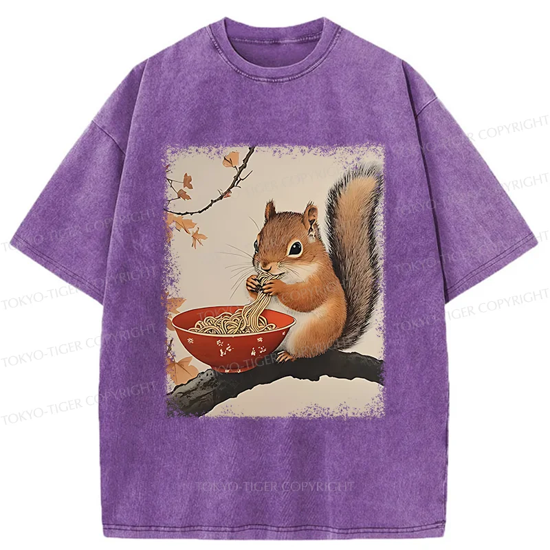 Tokyo-Tiger Squirrel Eating Ramen Washed T-Shirt