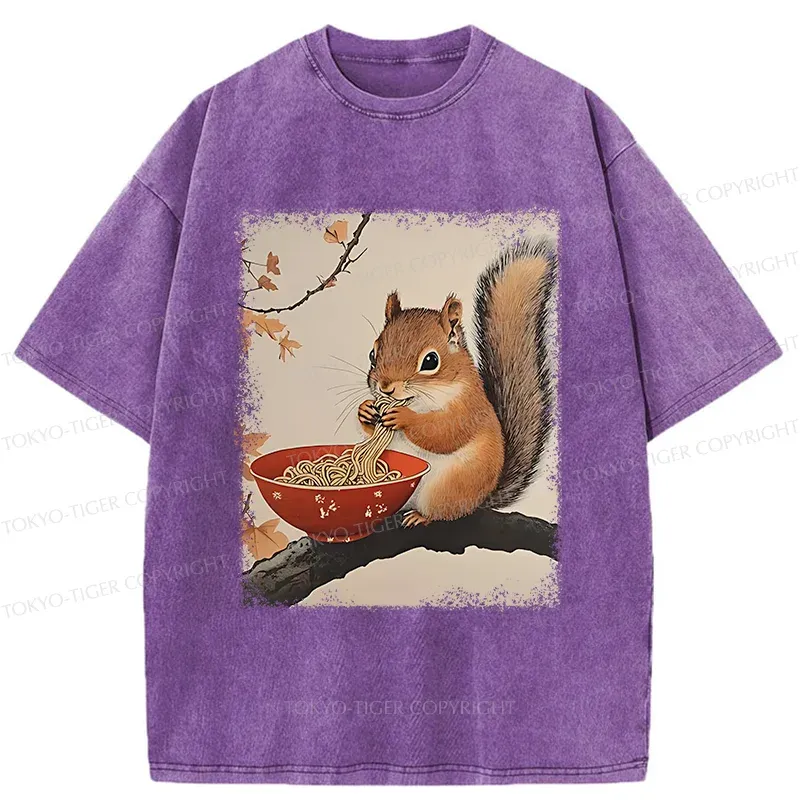 Tokyo-Tiger Squirrel Eating Ramen Washed T-Shirt Sale