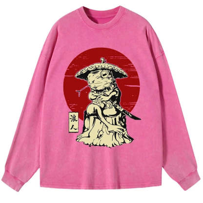 Tokyo-Tiger Rounin Japanese Frog Samurai Washed Long Sleeve T-Shirt