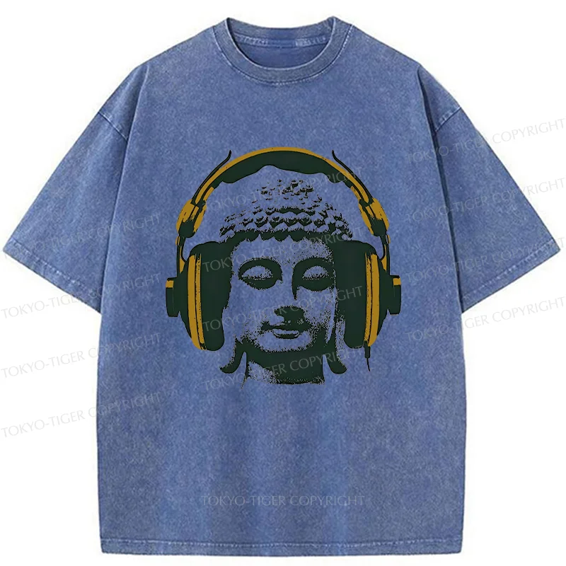 Tokyo-Tiger Buddha Listening To Music Washed T-Shirt