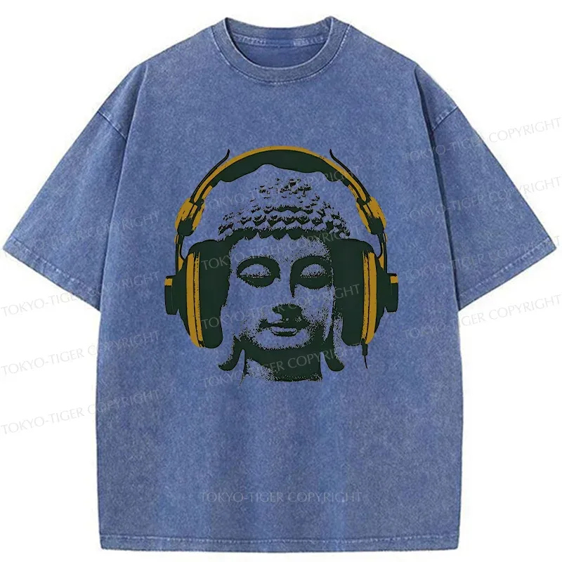 Tokyo-Tiger Buddha Listening To Music Washed T-Shirt