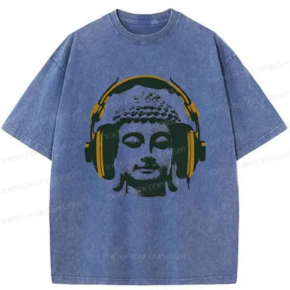 Tokyo-Tiger Buddha Listening To Music Washed T-Shirt