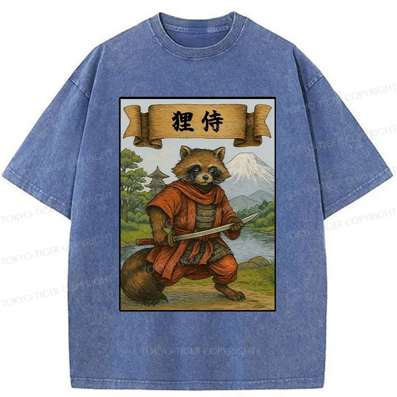 Tokyo-Tiger Raccoon Samurai Japan Washed T-Shirt Sale