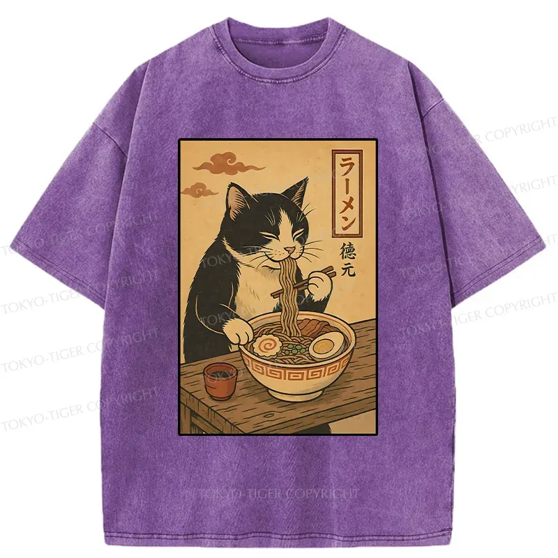 Tokyo-Tiger Tuxedo Cat Eats Ramen Washed T-Shirt Sale