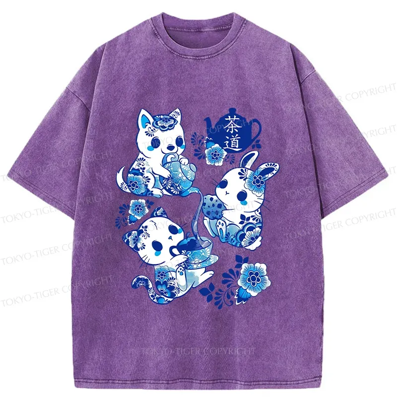 Tokyo-Tiger Blue And White Porcelain Washed T-Shirt Sale