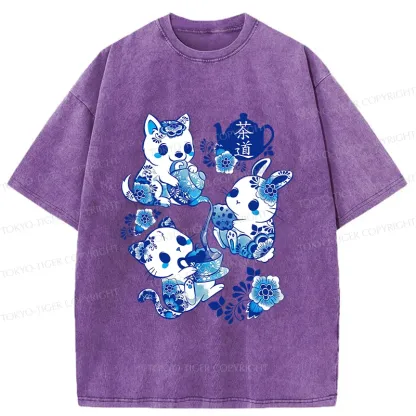 Tokyo-Tiger Blue And White Porcelain Washed T-Shirt