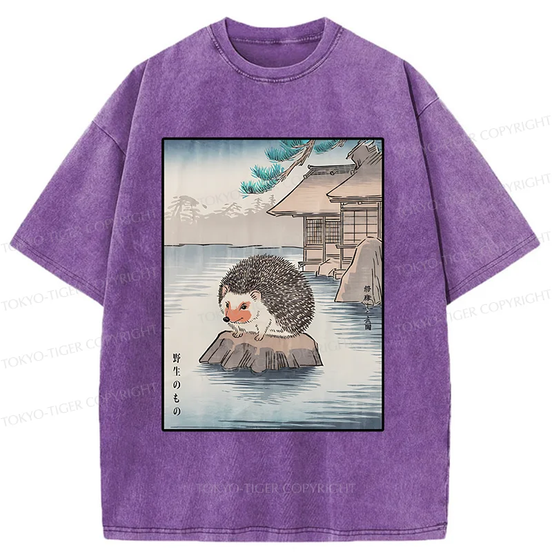 Tokyo-Tiger Hedgehog Taking A Hot Spring Bath Washed T-Shirt