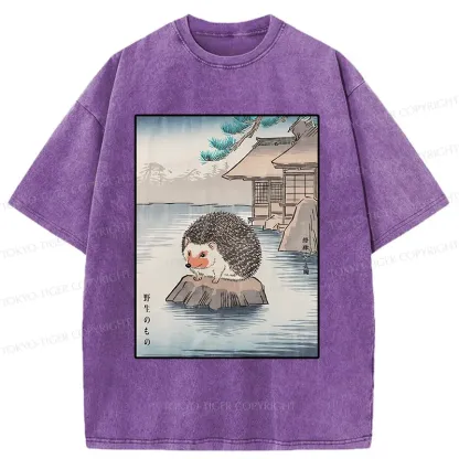Tokyo-Tiger Hedgehog Taking A Hot Spring Bath Washed T-Shirt