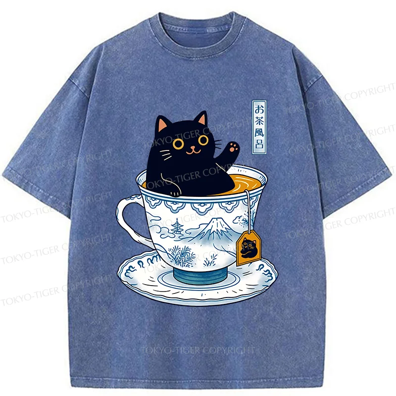 Tokyo-Tiger Cat In Teacup Washed T-Shirt