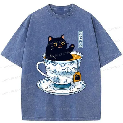 Tokyo-Tiger Cat In Teacup Washed T-Shirt