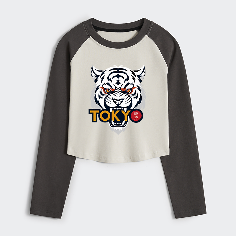 Tokyo-Tiger Logo Women's Crop Raglan T-Shirt