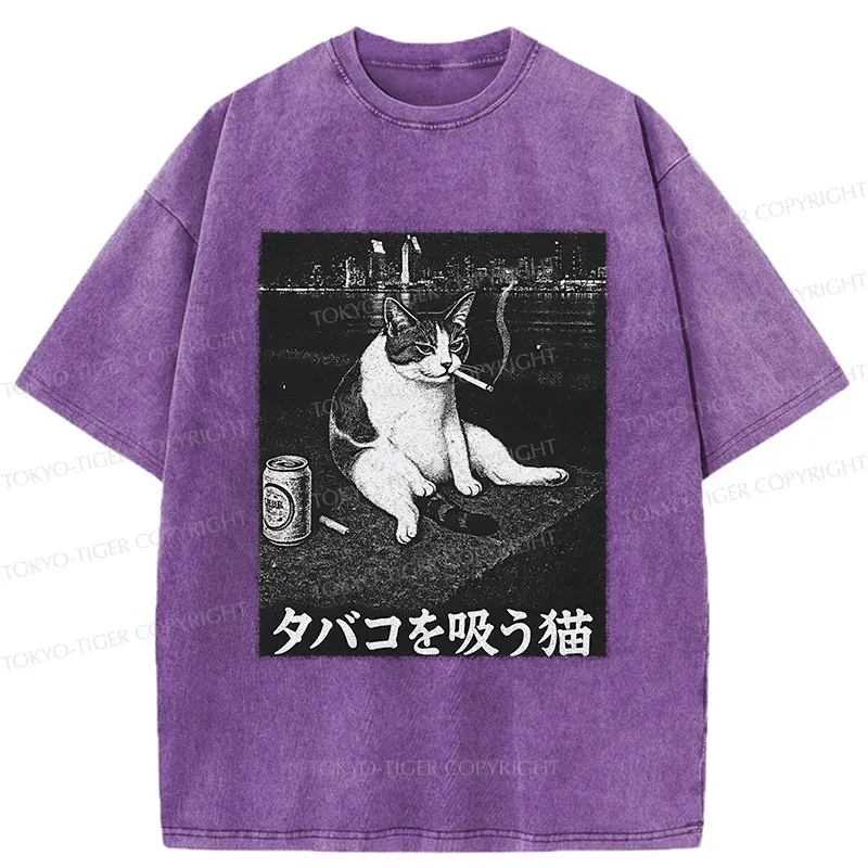 Tokyo-Tiger Smoking Cat Funny Washed T-Shirt