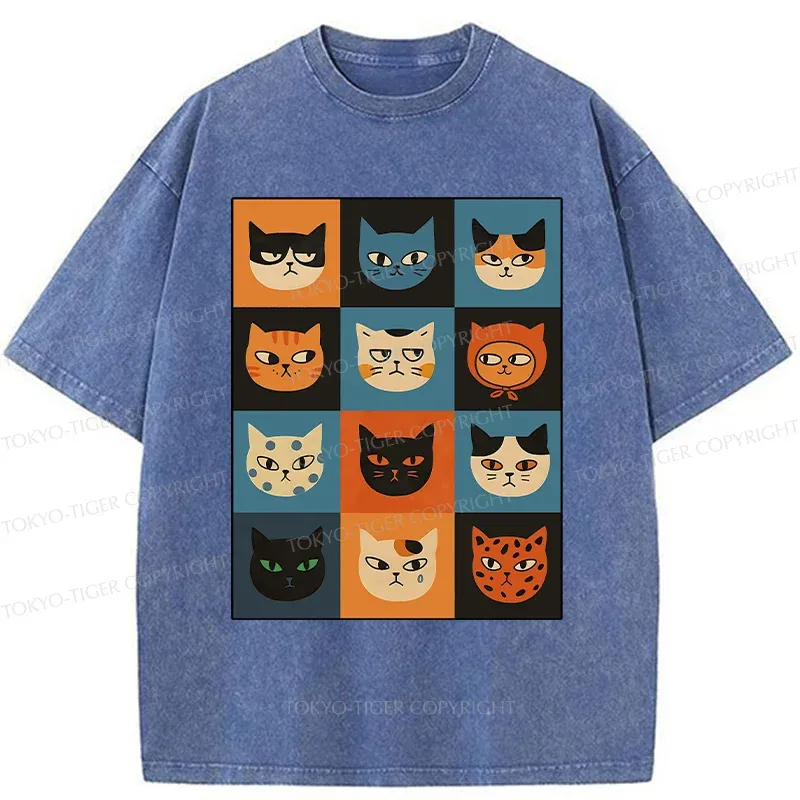 Tokyo-Tiger Cat Stamps Washed T-Shirt
