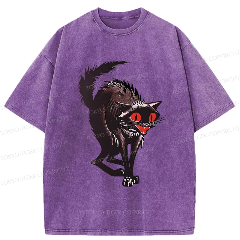 Tokyo-Tiger Halloween Scary Black Cat Washed T-Shirt