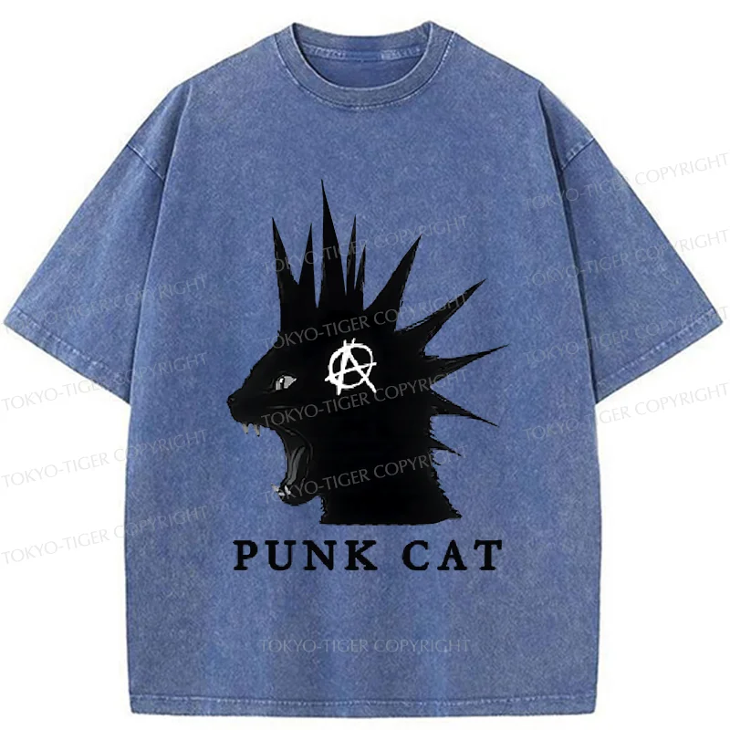 Tokyo-Tiger Punk Cat Funny Washed T-Shirt