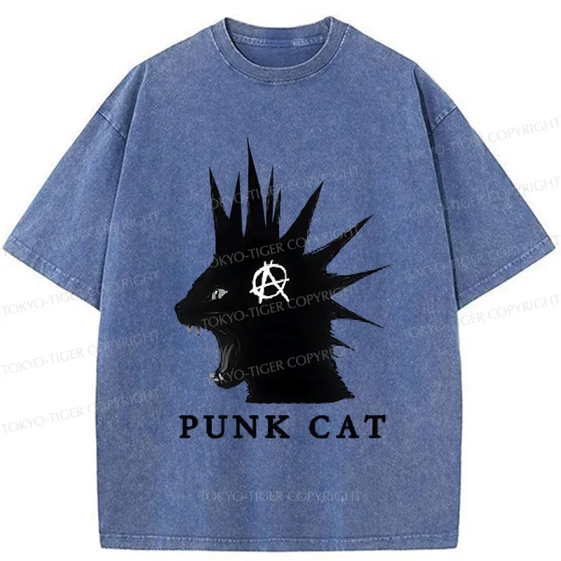 Tokyo-Tiger Punk Cat Funny Washed T-Shirt