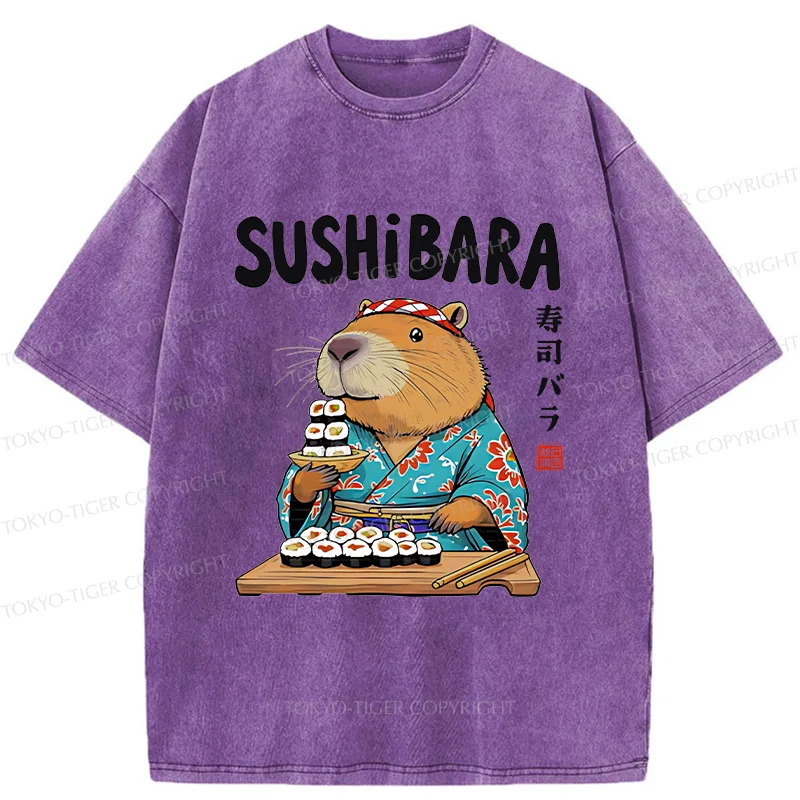 Tokyo-Tiger Capybara Sushi Chef Washed T-Shirt