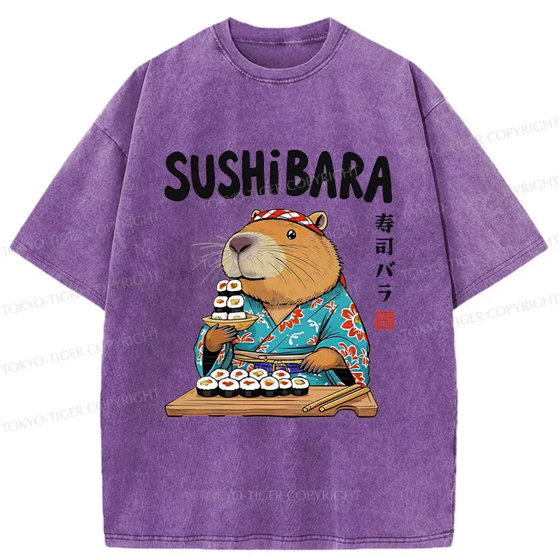 Tokyo-Tiger Capybara Sushi Chef Washed T-Shirt