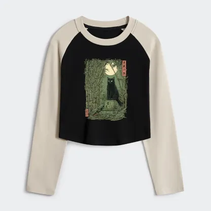 Tokyo-Tiger Black Cat In The Bamboo Forest Women's Crop Raglan T-Shirt