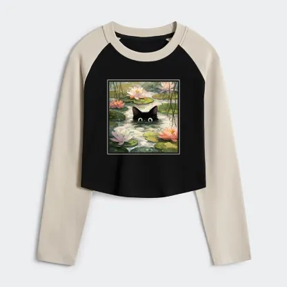 Tokyo-Tiger Black Cat and Lotus Flower Women's Crop Raglan T-Shirt