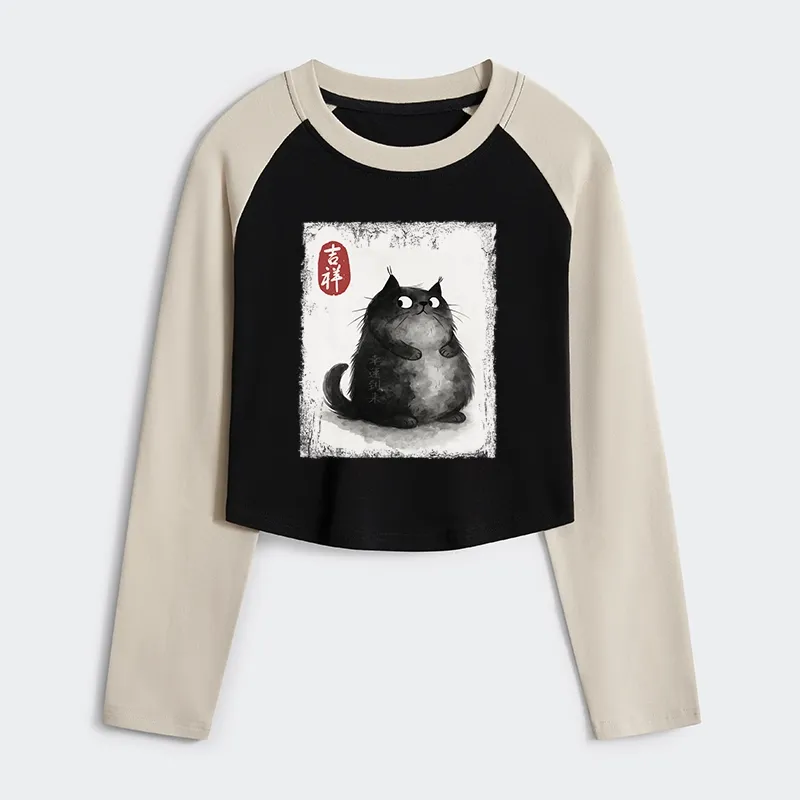 Tokyo-Tiger Auspicious Fluffy Black Cat Ink Painting Women's Crop Raglan T-Shirt