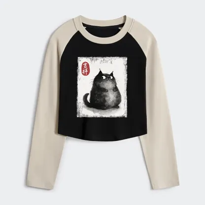 Tokyo-Tiger Auspicious Fluffy Black Cat Ink Painting Women's Crop Raglan T-Shirt