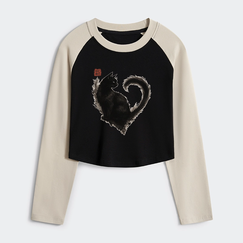 Tokyo-Tiger Funny Heart-Shaped Ink Cat Women's Crop Raglan T-Shirt
