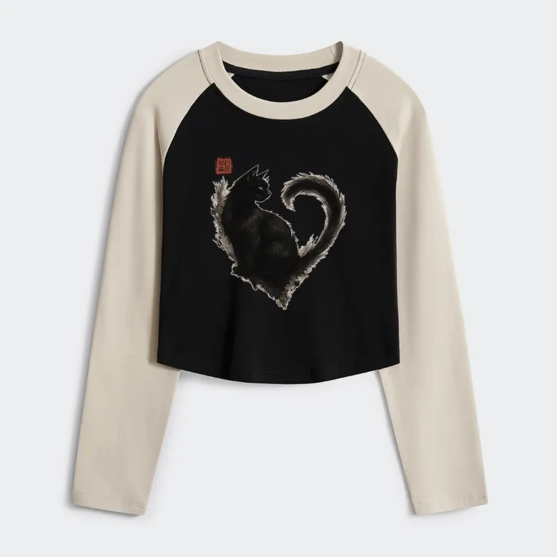 Tokyo-Tiger Funny Heart-Shaped Ink Cat Women's Crop Raglan T-Shirt