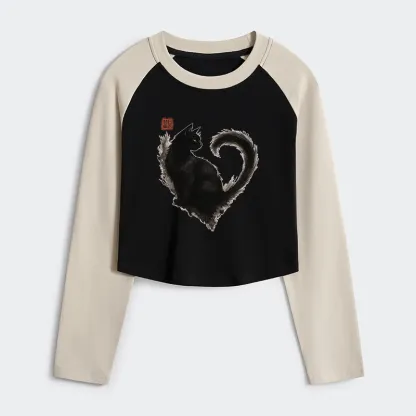 Tokyo-Tiger Funny Heart-Shaped Ink Cat Women's Crop Raglan T-Shirt