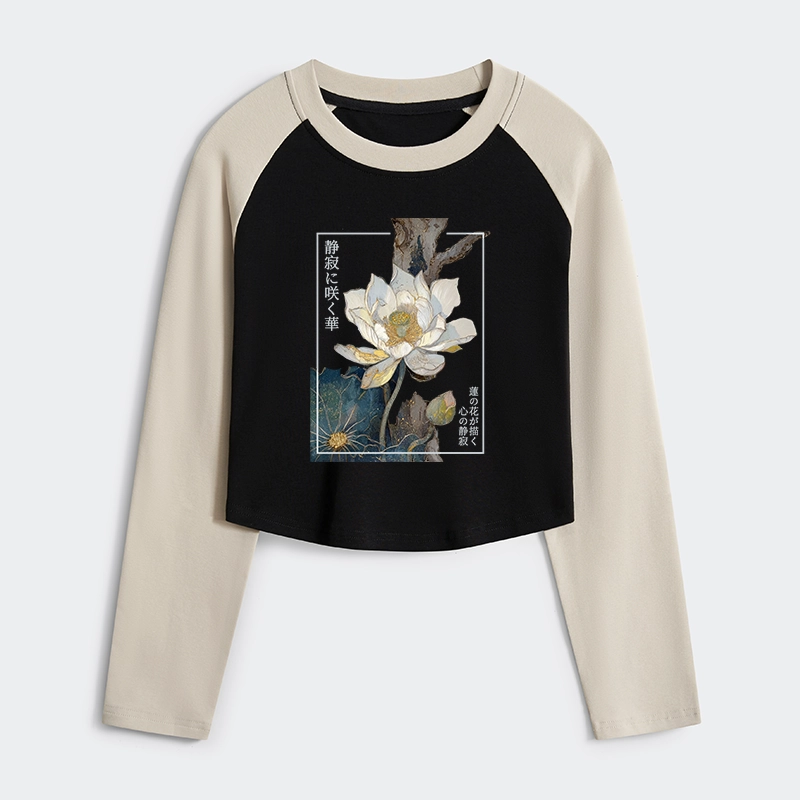 Tokyo-Tiger Blooming Lotus Japan Women's Crop Raglan T-Shirt