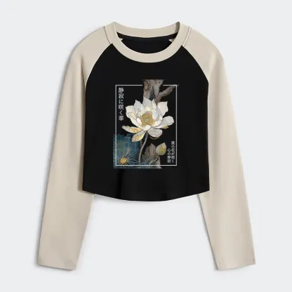 Tokyo-Tiger Blooming Lotus Japan Women's Crop Raglan T-Shirt