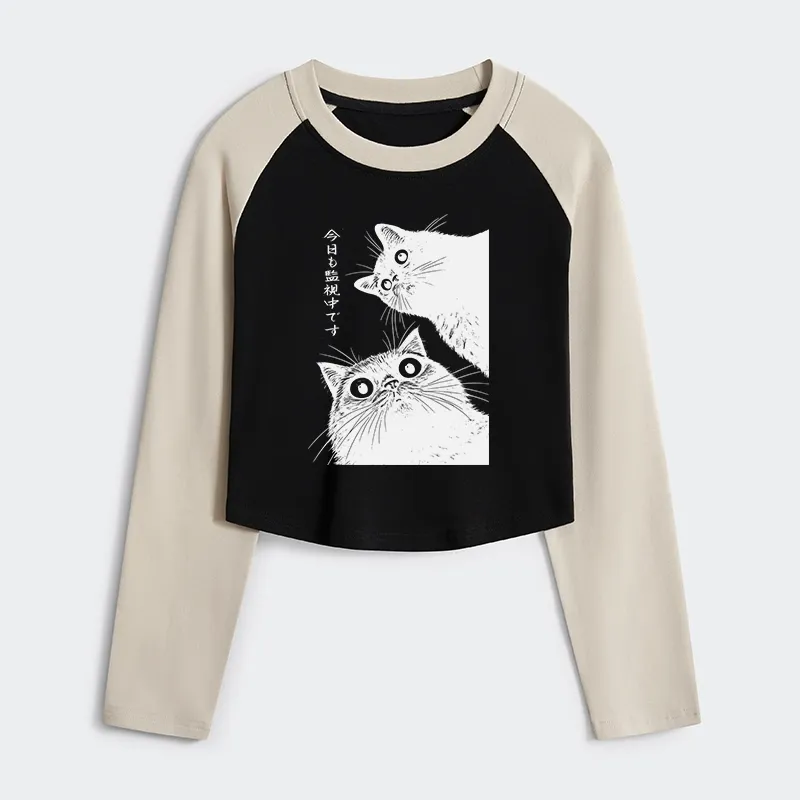 Tokyo-Tiger The Cat Is Watching Today Women's Crop Raglan T-Shirt