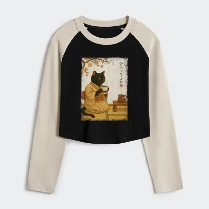 Tokyo-Tiger Cat Heart Full Of Coffee Women's Crop Raglan T-Shirt