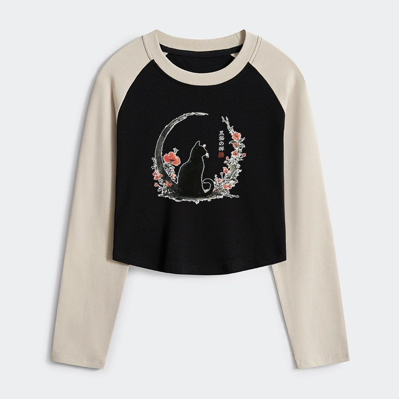 Tokyo-Tiger Black Cat And Flowers Women's Crop Raglan T-Shirt