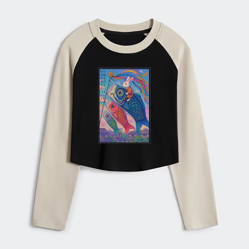 Tokyo-Tiger Ukiyoe Rabbit Ride Carp Streamer Poster Women's Crop Raglan T-Shirt