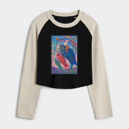 Tokyo-Tiger Ukiyoe Rabbit Ride Carp Streamer Poster Women's Crop Raglan T-Shirt