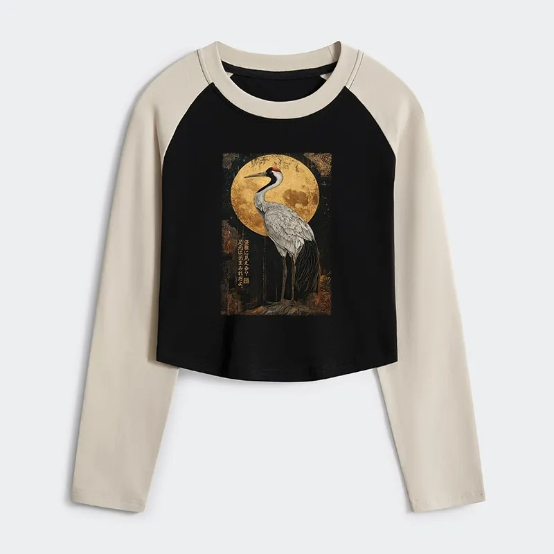 Tokyo-Tiger Vintage Japanese Crane Kanji Women's Crop Raglan T-Shirt
