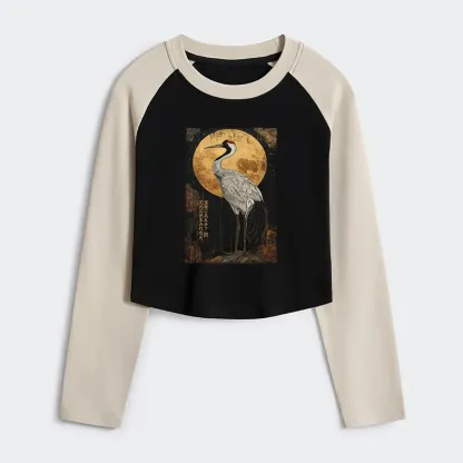 Tokyo-Tiger Vintage Japanese Crane Kanji Women's Crop Raglan T-Shirt