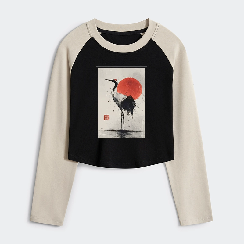 Tokyo-Tiger Retro Japanese Red-crowned Crane Women's Crop Raglan T-Shirt