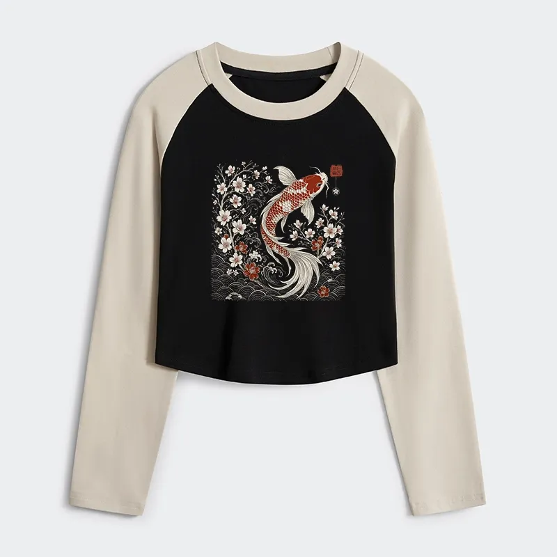 Tokyo-Tiger Vintage Sakura And Koi Women's Crop Raglan T-Shirt