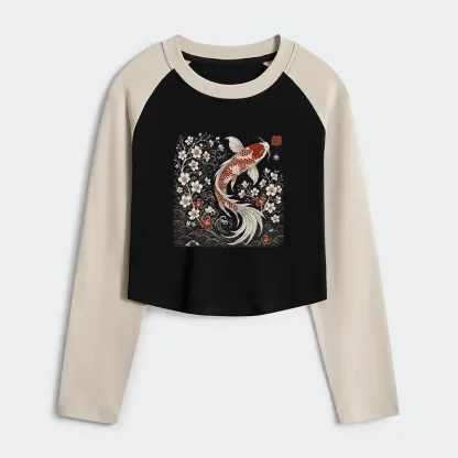Tokyo-Tiger Vintage Sakura And Koi Women's Crop Raglan T-Shirt